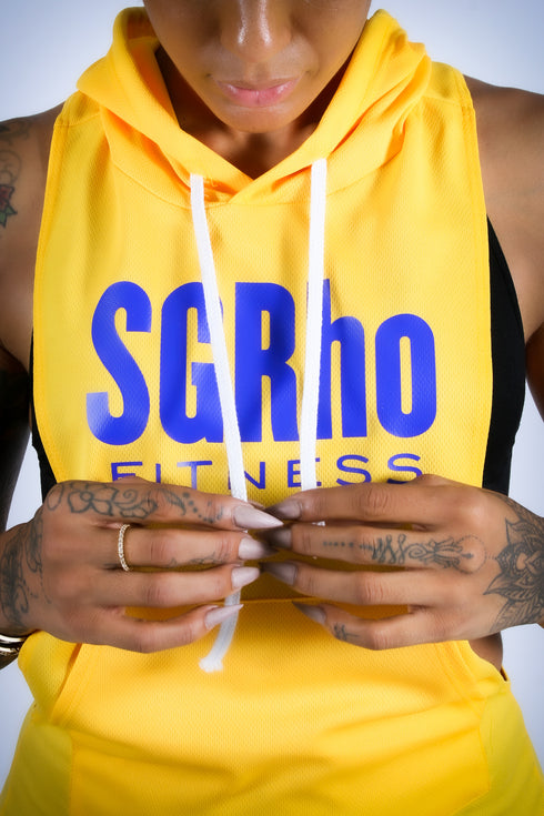 Excuse My Back SGRho stringer tank hoodie, gold