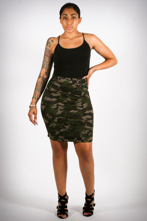 G.I. Jane denim mini skirt, jungle