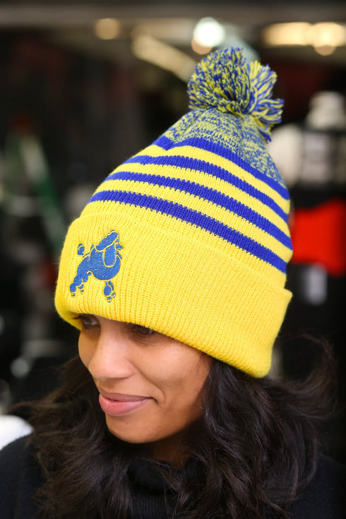 Frenchie Poodle pom-pom beanie, gold/blue