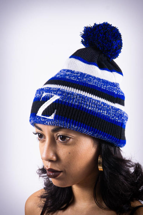 Z for Zeta pom-pom beanie, blue striped