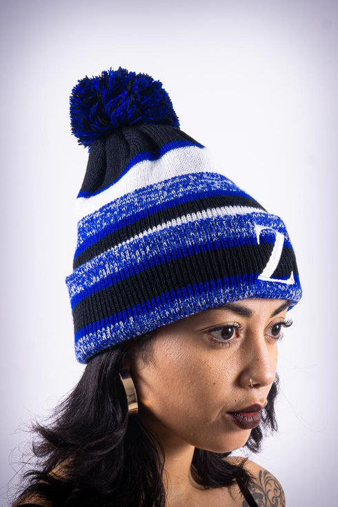 Z for Zeta pom-pom beanie, blue striped