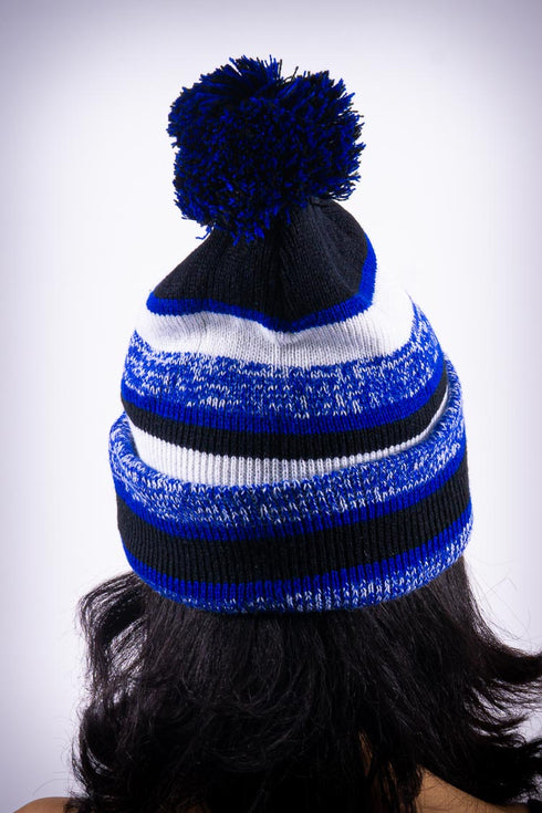 Z for Zeta pom-pom beanie, blue striped