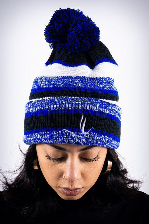 Peace Dove pom-pom beanie, blue striped