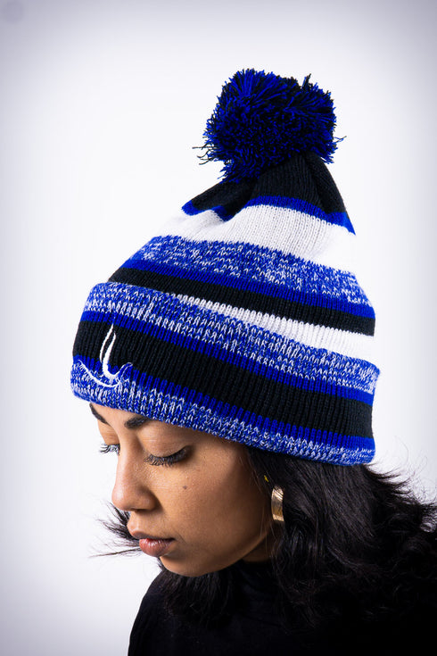 Peace Dove pom-pom beanie, blue striped