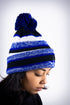 Peace Dove pom-pom beanie, blue striped