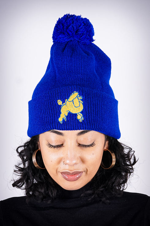 Frenchie Poodle pom-pom beanie, blue