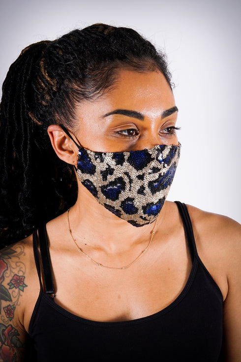 Covered! Sequin mouth mask, blue/gold tiger