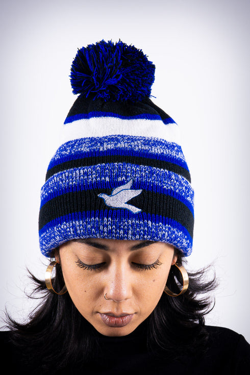 Forever Finer pom-pom beanie, blue striped