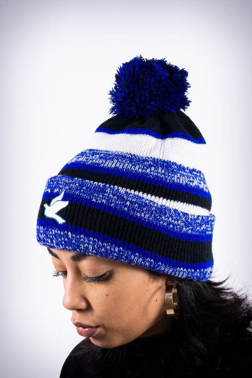 Forever Finer pom-pom beanie, blue striped