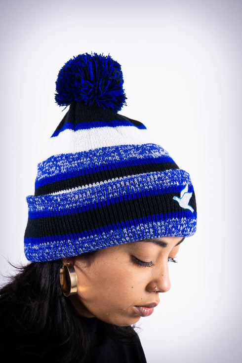 Forever Finer pom-pom beanie, blue striped